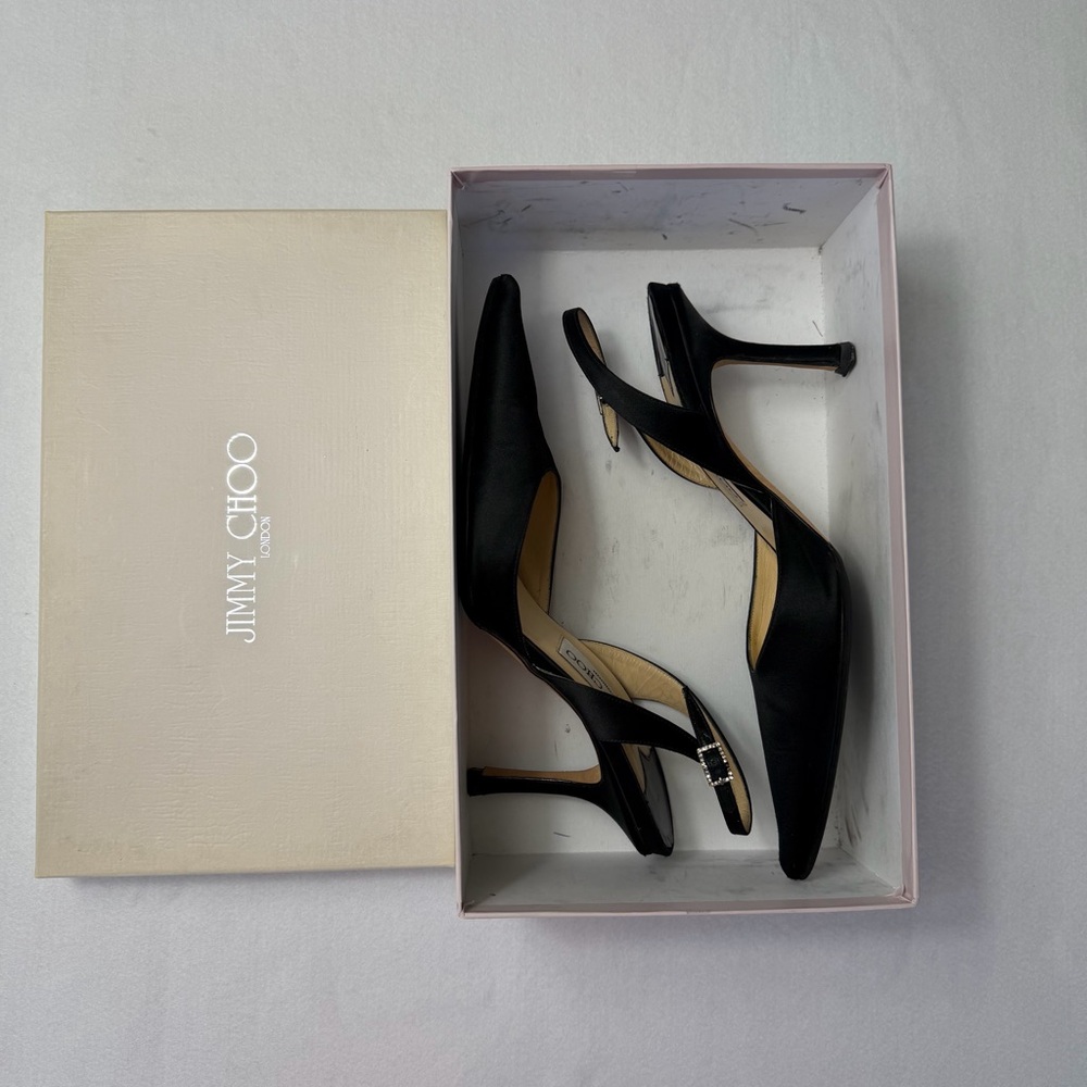 Jimmy Choo Syria Slingback Heels Black Satin Pointed Toe 37 85mm Classic - Picture 13 of 14